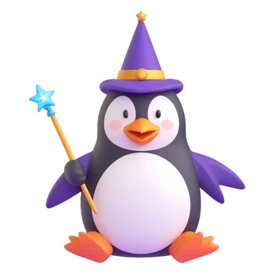 A penguin wizard with a pointy hat and a magic wand sticker