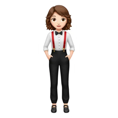 Woman with wavy brown hair and hazel eyes wearing black tuxedo pants with red suspenders sticker