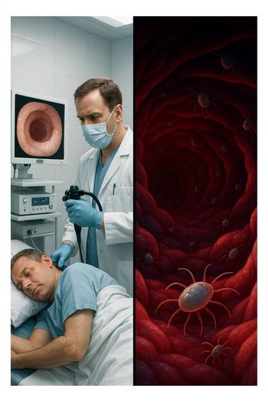 A split-screen medical illustration in cinematic style: on the left side, a doctor performing a colonoscopy on a patient in a sterile clinic, with the endoscopic camera displaying clean, healthy mucosal surfaces on a screen. On the right side, a symbolic cross-section of the same intestine — but shown in deeper layers beneath the surface, where parasitic organisms (small, translucent or shadowy figures) hide between folds and tissues not visible via standard scope. The contrast is clear: what is seen vs. what remains hidden. Lighting on the left is bright, sterile, clinical; lighting on the right is darker, with red and blue tones to suggest inflammation and invasion. Shot in hyper-realistic 3D medical style, educational but emotionally charged IN ITALIANO sticker