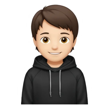 A brunette boy, short straight hair, light brown eyes, with a black sweatshirt with a hoodie, and smile  sticker