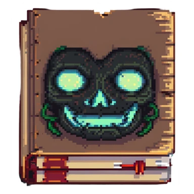 red cursed book with a sinister face sticker