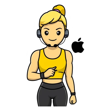 Sporty blonde woman in yellow top and black leggings, showing bicep, smiling, with wireless earbud and Apple Watch sticker