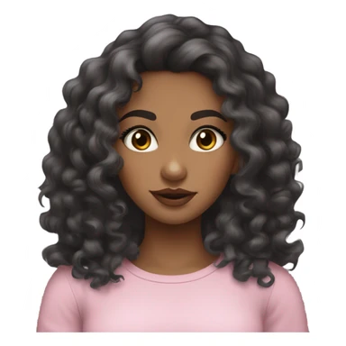 A tan girl with long black wavy-curly hair, brown eyes, long lashes, noticeable blush, pink lips, and a tight grey long-sleeve top. sticker