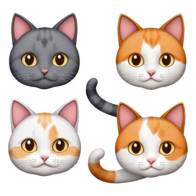 5 different coloured short haired cats including; a dark brown and white cat, and a dark grey and white, and a calico sticker