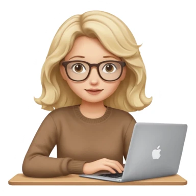 iOS style emoji, upper body view: blonde girl with dark blonde wavy hair, wearing pantos-style glasses and a brown sweater, sitting with a laptop, flat vector design, soft pastel colors, white background, Apple emoji style, upper body shot sticker