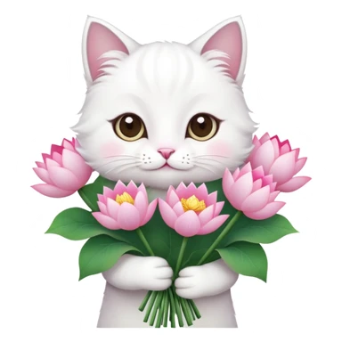 White cat holding a bouquet of lotus flowers sticker