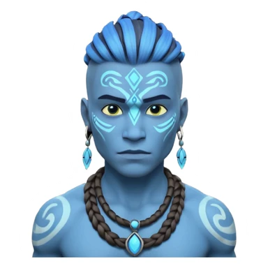 avatar-style Na’vi male portrait, head and shoulders only, blue skin, bioluminescent markings, strong face features, braided hair, tribal necklace, heroic expression, 3D cartoon, mobile game icon style, clean background, no text, no watermark
 sticker