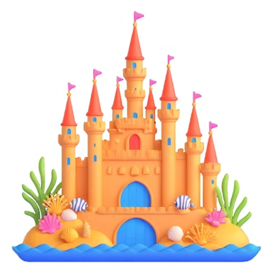 Ariel's underwater castle from The Little Mermaid, golden spires, colorful coral, seashell architecture, bubbles sticker