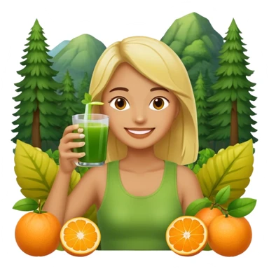 juice, colors yellow,orange,forest fruits, person, green juice sticker