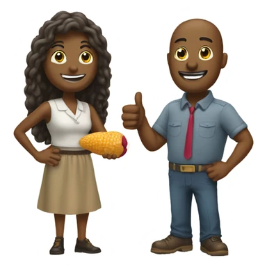 Man and woman standing next to a peanut that is  giving a thumbs up sticker