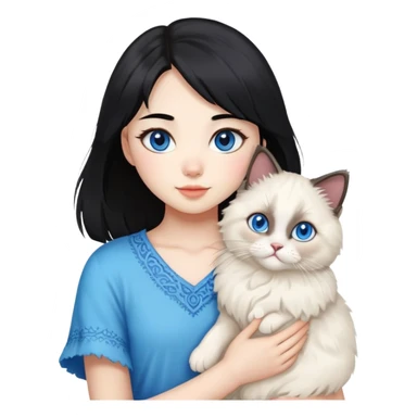 Asian girl with black hair holding a fluffy ragdoll cat with blue eyes and colorpoint fur sticker
