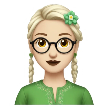 White girl in a green kurta with flower design, glasses, alot of piercing, gay, red lips, nose ring, full body, short straight black edgar hair, sticker