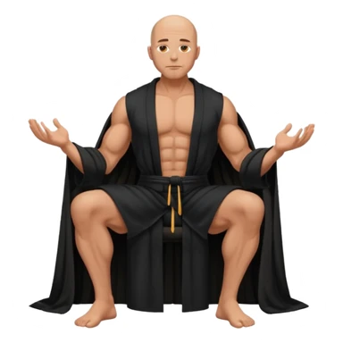 fullbody jacked bald guy, sleeveless and unbuttoned in full black robe sitting sticker