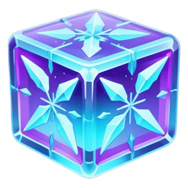 glowing ice crystal cube, icy neon cyan highlights, purple neon accents, dark background, digital tech style. sticker