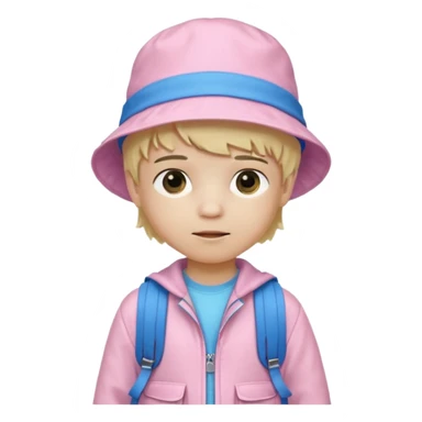 A little boy student white skin, blonde hair, with pink bucket hat, white jacket, blue backpack sticker
