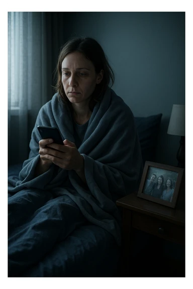 Donna tra i 30 e i 35 anni seduta da sola in una stanza, avvolta in una coperta, guarda il telefono ma non risponde ai messaggi. Sul comodino, una foto con amici, leggermente coperta dalla polvere. Sguardo perso nel vuoto. La stanza trasmette solitudine e distacco. Colori freddi, luce naturale tenue sticker