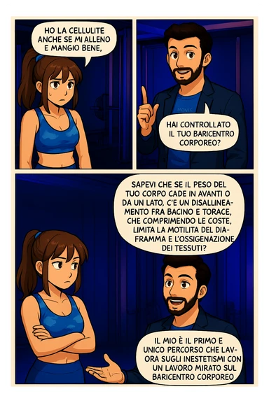 PRENDI SPUNTO DA QUESTO STILE FACENDO UN WEBTOON/MANGA:

LEI (DONNA): Ho la cellulite anche se mi alleno e mangio bene, cosa posso fare?

LUI (UOMO): Hai controllato il tuo baricentro corporeo?
LUI (UOMO): Sapevi che se il peso del tuo corpo cade in avanti o da un lato, c’è un disallineamento fra bacino e torace, che comprimendo le coste, limita la motilità del diaframma e l’ossigenazione dei tessuti?
LUI (UOMO): Il mio è il primo e unico percorso che lavora sugli inestetismi con un lavoro mirato sul baricentro corporeo. sticker