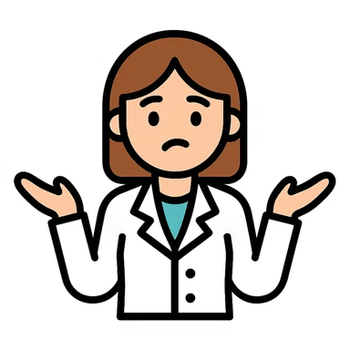 scientist woman shrugging, brunette hair, curious expression, lab coat, modern icon style sticker