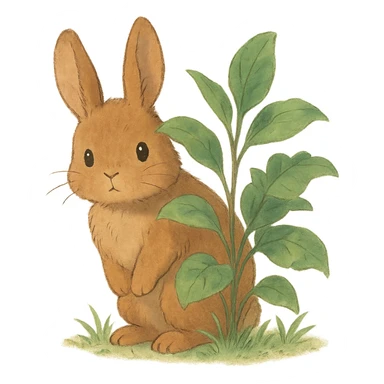 full-body cinnamon bunny peeking behind a plant in soft Ghibli style sticker
