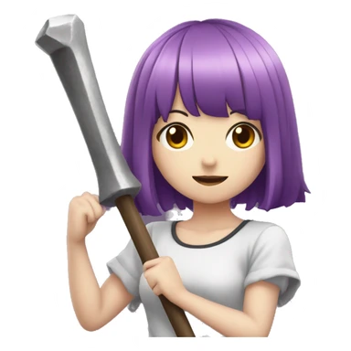 A anime girl with purple hair having a hammer with ban written on t sticker