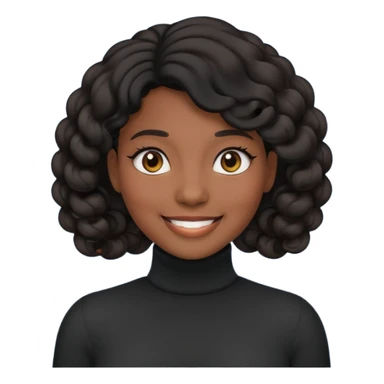 Create a custom emoji-style character inspired by a smiling black woman with curled black hair, dark skin tone, dark eyes, and wearing a turtleneck.  sticker