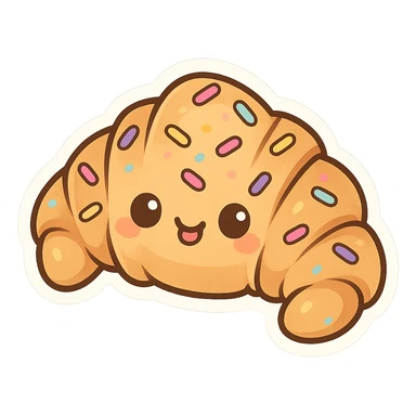 chibi sticker-style croissant with sprinkles, cute and exaggerated sticker
