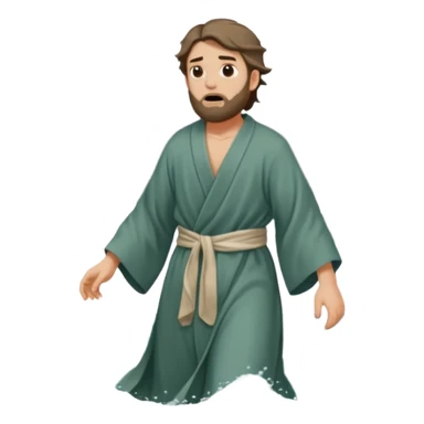 A biblical illustration of Jonah, a weary prophet with simple robes, fleeing towards a stormy seashore. sticker