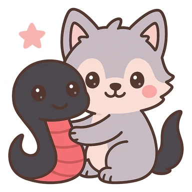 Make the snake larger, with a black body and red underbelly. The snake should be hugging the wolf back. Keep the kawaii style and ensure the background remains transparent. sticker