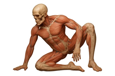 CORPO UMANO ANATOMICO REALISTICO CHE SVOLGE UN ESERCIZIO DI MOBILITà ALLE ANCHE, iperrealistico 4k sticker