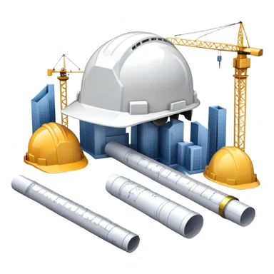 An icon featuring blueprints, a compass, and a construction helmet, symbolizing architecture and construction. The design includes building structures, cranes, and a ruler, representing the design and creation of buildings and urban planning. Transparent background. sticker
