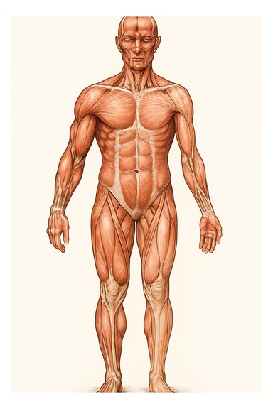 Anatomical style illustration showing a human body with muscles less developed on one side due to asymmetries, highlighting the muscular difference between the two sides, variant 3. sticker