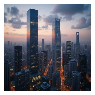 cityscape at dusk, dramatic lighting, reflective glass skyscrapers, photorealistic style sticker