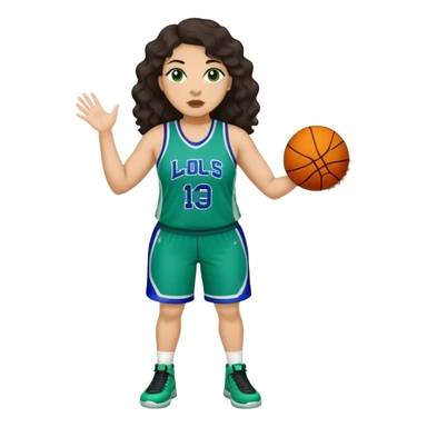 full body plus size light skin latino women basketball player with wavy dark hair large wide nose wearing blue with green uniform sticker