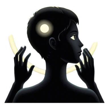 Un espejo con un brillo hipnótico en el centro de un espacio oscuro y una persona en silueta sticker