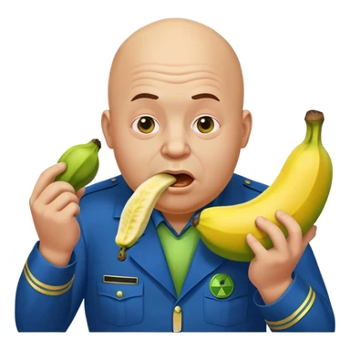 bald a bit fat man in a blue uniform eats a toxic green radioactive banana sticker