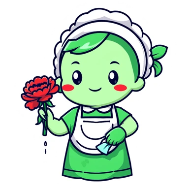 light green carnation flower with a messy apron and exhausted face, sweat dripping, holding a cleaning rag, super round chibi style sticker