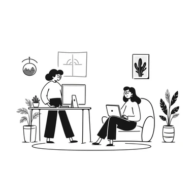 escenary 3d of a cozy mid-century living room with two people working on laptops, one man standing at a desk and one woman sitting on a couch, two walls and floor visible sticker