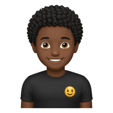 Generate a emoji of a black boy with dark skin, wearing a black compressed T-shirt, with short and very curly black hair sticker