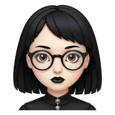 Faça uma moça de cabelo preto micro franja e pálida e com maquiagem gótica pesada olhos castanhos escuro e óculos  sticker