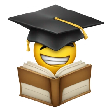 A smirking face holding a book. The emoji is wearing a graduation cap slightly tilted to one side sticker