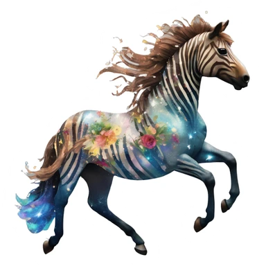 Ethereal zebra newspaper cutting flowers graffiti magazine collage glittering iridescent rich chestnut brown blue mane horse galloping through constellations and nebulas, unicorn Pegasus sticker
