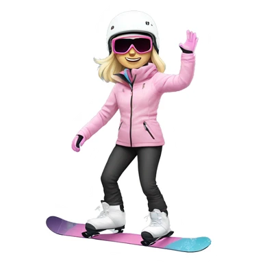 Blonde cute woman snowboarding with pastel colourd jacket, black pants and white helmet and pink googles sticker