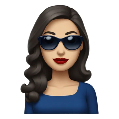 brunette in dark blue sunglasses, red lips and a dark blue dress sticker