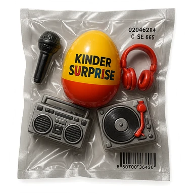 Kinder Surprise egg opened, showing toys including microphone, boombox, headphones, DJ turntable, shiny and inflated vacuum-sealed style sticker