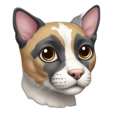 older diluted calico, white chin, black and pink nose, mostly dark grey with whiteish beige forehead, dark grey ears sticker