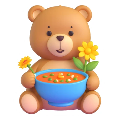 teddy bear with soup and flower sticker