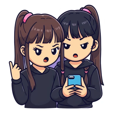 cute girl with two long ponytails and straight bangs, dark outfit, angry emoji-like face with furrowed brows and puffed cheeks, gripping smartphone, floating phone screen displaying happy couple causing jealousy, minimal, bold, expressive, pink background sticker