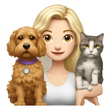 white woman with long blonde hair and cat shaped eyes wearing a yoga outfit standing alongside a tri-colored bernadoodle dog sticker