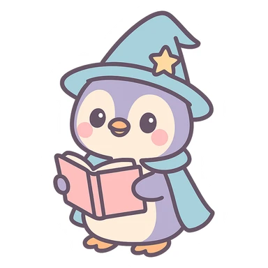 cute penguin dressed as a wizard holding an open spellbook sticker