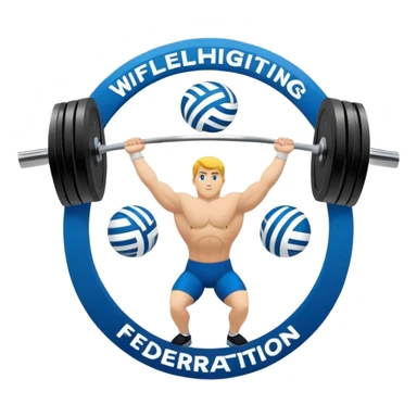 An emblem representing the World Weightlifting Federation with a stylized barbell and global elements. Bold text and clean lines symbolize strength, unity, and competition. Modern, dynamic design with a transparent background. sticker